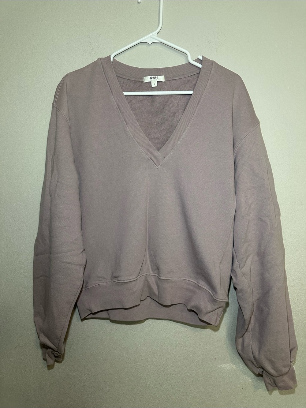 AGOLDE Low V Neck Balloon Sleeve Pullover Sweatshirt - Mauve Small